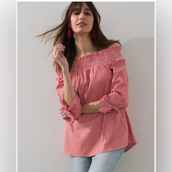 Chico's Tops - Chico’s Poplin Off the Shoulder Striped Top NWT